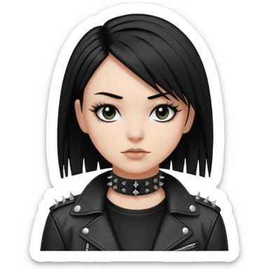 A white girl with Black eyes and black straight hair with a bob with a black spiked chocker with punk clothes with a leather jacket on sticker