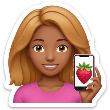 black girl with olive skin, natural-looking hair blending strawberry blonde and brunette tones, styled to suit her complexion, wearing a pink top, subtle smile, Apple iPhone emoji style sticker