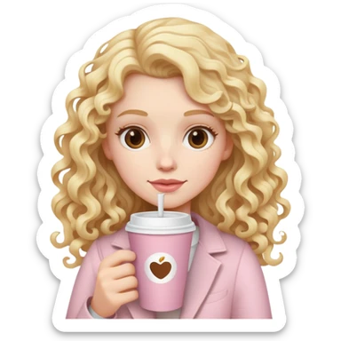 A white girl with long blonde curly hair and a pale pink paper cup of coffee sticker