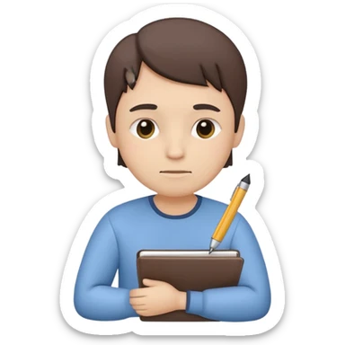 simplified human character holding a notebook and pen, thoughtful facial expression, slightly tilted head, planning life and goals, calm and focused mood, flat custom emoji sticker, pastel colors, rounded shapes, minimal details, thick outline, white background, no text sticker