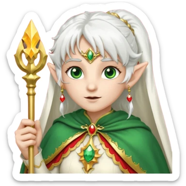 an elf with very white hair and two long PONYTAILS on the side of her head, she has a curtain bang, green eyes, she has a white cape with golden borders and a scepter with a red orb, she has earrings that look like red drops sticker