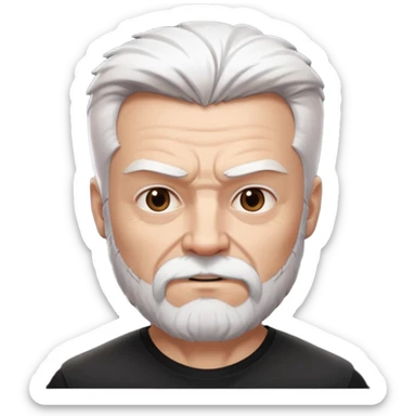 White haired muscled adult man with a black t-shirt. He has white beard and a long goatee. Dark brown eyes and some wrinkles. Attractive, Wolverine vibes. Not too old. sticker