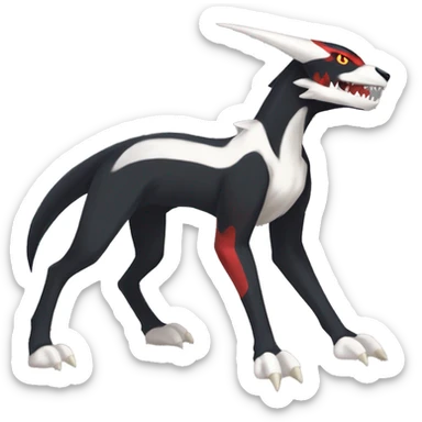 Black Cool Edgy Nargacuga-Houndoom-Garchomp Fakémon with Red and white Edgy markings, full body sticker