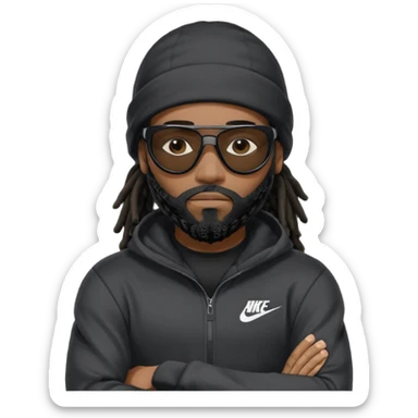 African American man with shoulder length black dreadlocks with black beard wearing black sunglasses wearing a black ski mask covering face wearing a Nike hoodie with his arms folded across chest sticker