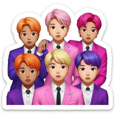 Cinematic Realistic group portrait of BTS featuring all 7 members in stylish modern attire, with detailed facial expressions and vibrant colors, captured in dynamic, contemporary lighting that emphasizes their global pop icon status sticker