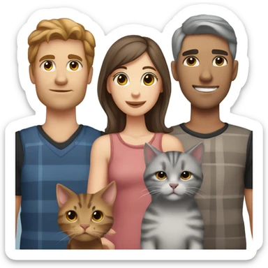 Family girl with brown hair and hezel eyes, a tabby gray kitten, a gray Scottish cat and a man with black short hair with brown eyes sticker