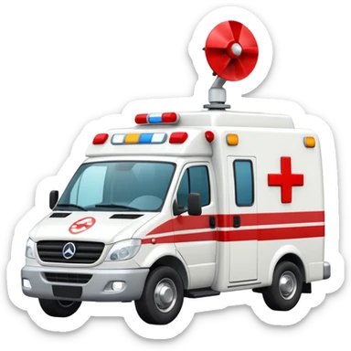 A modern white-and-red ambulance van with flashing rooftop siren.
 sticker
