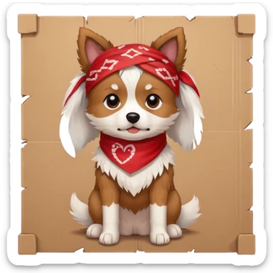 A small scruffy dog wearing a torn bandana, sitting beside a cardboard piece with hopeful gentle eyes.
e Fireplace sticker