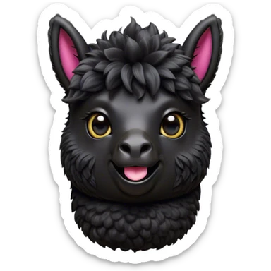 Cinematic Comical Black Alpaca Portrait Emoji, Head tilted dramatically with an exaggeratedly amused expression, featuring a striking jet-black fleece with playful texture, wide, expressive dark eyes filled with playful disbelief, Simplified yet hilariously expressive features, highly detailed, glowing with a slightly sassy glow, high shine, dramatic yet playful, stylized with an air of cheeky mischief, bright and endearing, soft glowing outline, capturing the essence of a spirited and over-the-top alpaca, so meme-worthy it feels like it could side-eye its way into internet fame instantly! sticker