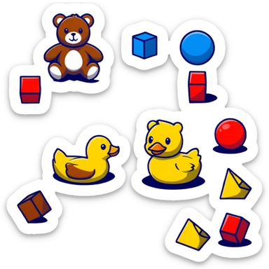 scattered children's toys on floor - teddy bear, rubber duck, blocks, ball, action figures sticker