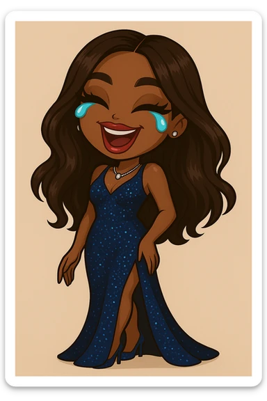 Change her outfit style to glamorous evening wear, keep her as a 20-year-old anime Bratz style woman with dark skin, dark hair, crying laughing expression, big expressive eyes, and glossy lips. sticker