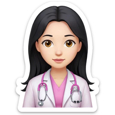 Long black hair female doctor in pink undershirt white coat over pink stethoscope  sticker