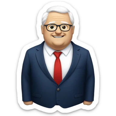 A fat older man, white hair, with glasses, no beard, smiling with teeth, and wearing a navy blue suit and red tie sticker