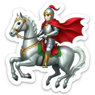 A knight in silver armor with a red cape, riding a white horse atop a green dragon. sticker