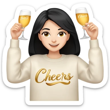 A woman with longer black hair, light to medium skin tone, full cheeks, and almond-shaped eyes, wearing a simple white sweater with the word 'cheers' in gold script, joyful and radiant expression, cheerful, emoji style, just her torso, no hands, no cups, no drinks. sticker
