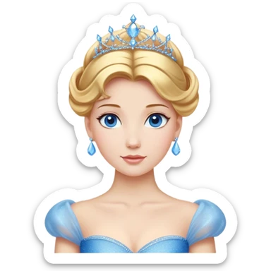 Cinematic Stunning Cinderella Portrait Emoji, Radiant in her sparkling blue ball gown, golden hair in a perfect updo, soft blue eyes full of wonder, glistening tiara, glowing with an ethereal beauty, regal yet kind, a dreamlike aura surrounds her, capturing the essence of a fairy tale princess, elegant and breathtaking! sticker