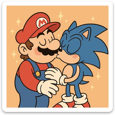 Mario and Sonic sharing a kiss, surrounded by sparkles, joyful and lighthearted, colorful cartoon style sticker