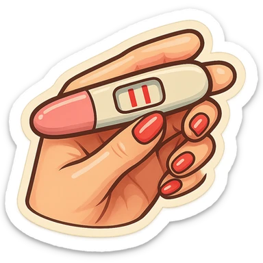 Positive pregnancy test with two lines, held in a neat feminine hand with manicure, pen style as in the second previous variant, retro stickers style, soft rounded shapes, expressive contours, vintage color palette, light paper texture, shadows and highlights, transparent background. sticker