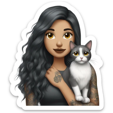 Beautiful dark haired tattooed woman holding gray and white long hair cat sticker