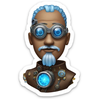 Brown shaved male cyborg head with blue beard, silver steampunk monocle goggles and circuits sticker