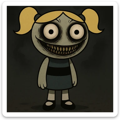 Full body cartoon style of Bubbles from Powerpuff Girls with a scarier and creepier face, keeping her signature blue dress and pigtails, using dark and eerie colors for the rest of the image. sticker