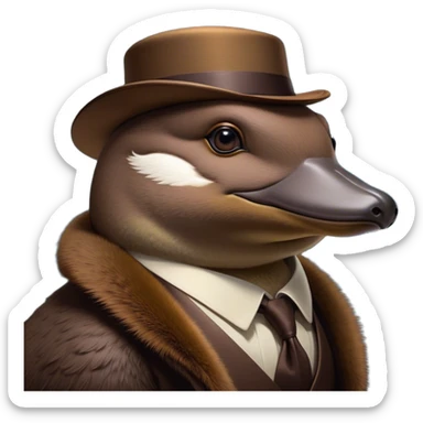 Cinematic Noble Platypus Portrait Emoji, Poised and regal, with a uniquely streamlined build and a sleek, well-groomed brown fur, a distinctive flat duckbill and broad, beaver-like tail, deep-set soulful eyes full of wonder, Simplified yet sharp and sophisticated features, highly detailed, glowing with a soft, dignified glow, high shine, intelligent and enigmatic, stylized with an air of aquatic curiosity, focused and attentive, soft glowing outline, capturing the essence of a watchful and confident oddity, so majestic it feels as though it could glide out of the screen with effortless authority! sticker