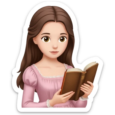  white long brunette hair girl with hazel eyes in light pink reading Pride and Prejudice sticker