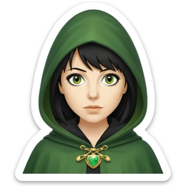 claudia winkleman as a traitor with a green hooded cloak with a gold clasp and dark strong black eyeliner sticker