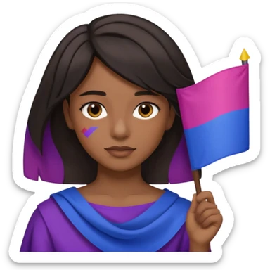 eu com a bandeira bissexual, sou parda, com cabelos negros que vão até a altura dos ombros levemente ondulados, olhos castanhos, sticker