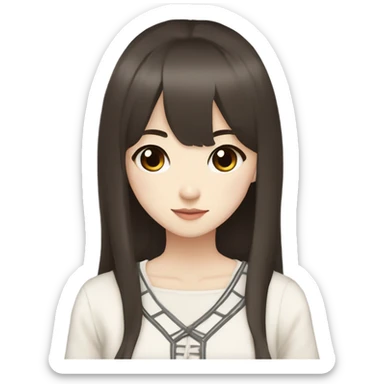 Asian girl dark brown long hair hime cut bangs brown eyes cute appearance pale skin long hair white laced top  sticker