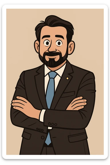 Turn this man in a suit and tie into a modern flat toon style illustration with clean lines, professional look, and neutral background. sticker