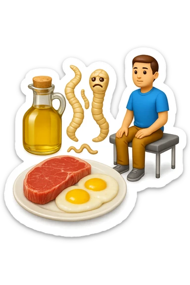 emoji stile iphone di UN PIATTO CON CARNE ROSSA E UOVA, UNA BOTTIGLIA DI OLIO DI SEMI, DUE PARASSITI TIPO LA TENIA, UOMO SEDUTO SU UN LETTINO DA FISIOTERAPISTA, IPERREALISTICO 4K sticker