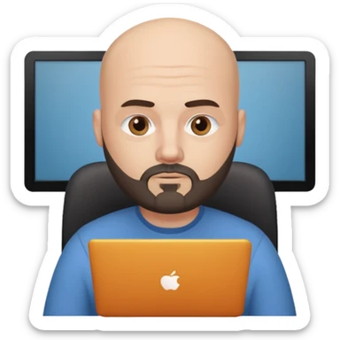 Bald white guy with black chin and jaw beard who works remotely with data sticker