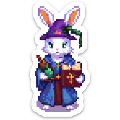 adolescent wizard bunny with a spellbook and potion, pixel art style sticker