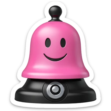 pink call bell with black base and silver push knob on top and with smiley face on it sticker