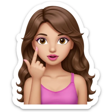 girl with long wavy brown hair, brown eyes, light to medium complexion, in a pink sexy top, pink lips, long lashes, silent motion with the hand one finger up by the mouth sticker