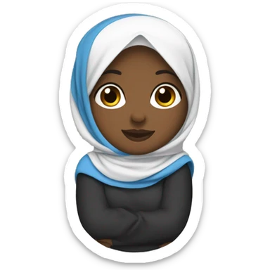 Black chubby Hijabi sitting in brown abaya and white and blue hijab sticker