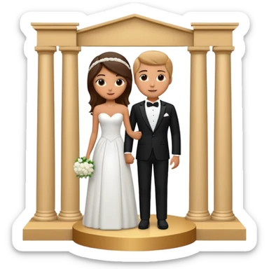 A 3D cartoon photo frame showing a formal courthouse wedding scene with a bride and groom standing together in front of white columns, neutral background, elegant lighting, realistic Memoji-style. sticker