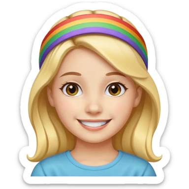 Girl wearing cloth rainbow headband and smile sticker