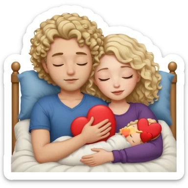 cuddling in bed, asleep. wavy haired blonde girl. man with curly,  dark brown hair. eyes closed. heart between them. no headboard sticker
