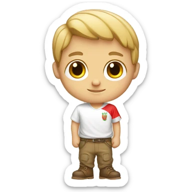 White boy wearing a shirt with Peruvian flag sticker