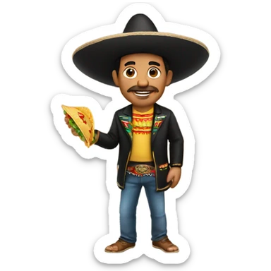 Mexican man with a taco in hand and a sombrero sticker