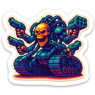 Render the exact four-armed, skull-headed tank mech as a retro sticker style. Preserve all proportions, pose, and details: four mechanical arms with guns, skull head with cables, tank tread lower body, aggressive expression. No changes to the design, just restyle as a retro sticker. sticker