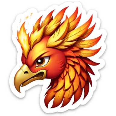 Cinematic Battle-Hardened Mystical Fire Phoenix Portrait Emoji, head bowed slightly in a moment of raw resilience, revealing a form etched with the wear of relentless conflict. Ragged, scorched plumage and half-closed, determined eyes speak to battles fought and won. Rendered with authentic detail and dramatic natural light that accentuates every scar and burn, high shine, this portrayal blends vulnerability with hardened strength, outlined in a soft glow that captures the essence of a phoenix tempered by the fires of combat. sticker