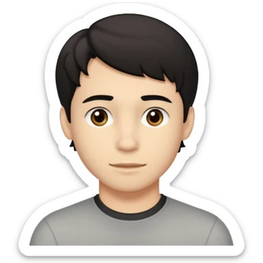 A young man with light skin tone, short wavy black hair parted to the side, large brown eyes, and a neutral expression with a small closed-mouth smile. sticker