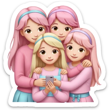 "Four girls hugging each other, all wearing soft pink clothes, two with long hair and two with shoulder-length short hair, smiling, cute iPhone emoji style, with hair accessories like headbands or ribbons, pastel color palette, soft shading, white background" sticker