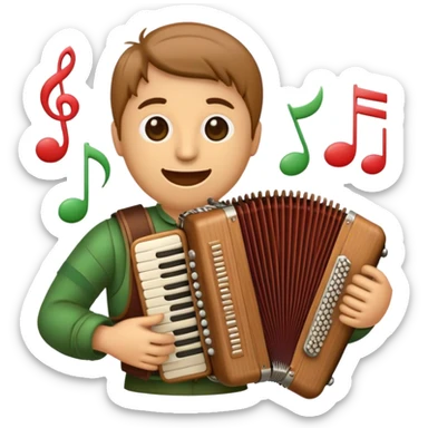 Create a warm and inviting emoji representing folk singing. The design should feature a traditional microphone, perhaps with a wooden texture, symbolizing the rustic and authentic feel of folk music. Surround the microphone with subtle elements such as a hand-played tambourine, an accordion, or a balalaika to reflect the folk instruments. Add flowing musical notes to symbolize the vocal melodies. Use earthy, natural colors like browns, reds, and greens to evoke a sense of tradition, warmth, and connection to the community. The background should be transparent. sticker