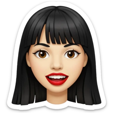 Woman a little tan with long black hairs and bangs, appearing teeth sticker