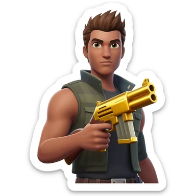 a fortnite default skin holding a gold pump shotgun sticker