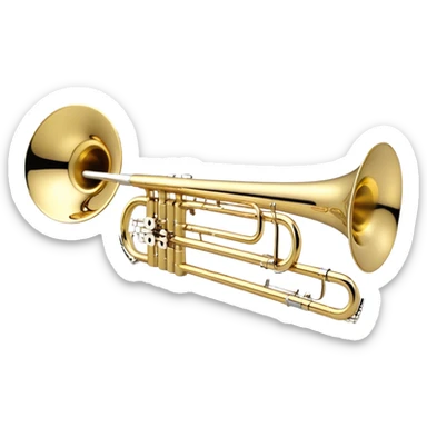 Create an elegant and detailed emoji representing the Bach Bb/F tenor trombone. The design should feature the smooth, shiny brass body of the trombone, showcasing its large, flared bell and curved tubing. Highlight the tuning slide with its polished metal finish, and the mouthpiece should be clearly visible. The trombone’s surface should have a gleaming brass tone with subtle silver accents around the mouthpiece and slide. Add a few musical notes or soundwaves emanating from the bell to emphasize the powerful sound of the trombone. Use golden and brass tones with reflective light effects to enhance the trombone’s professional and high-quality appearance. The background should be transparent. sticker